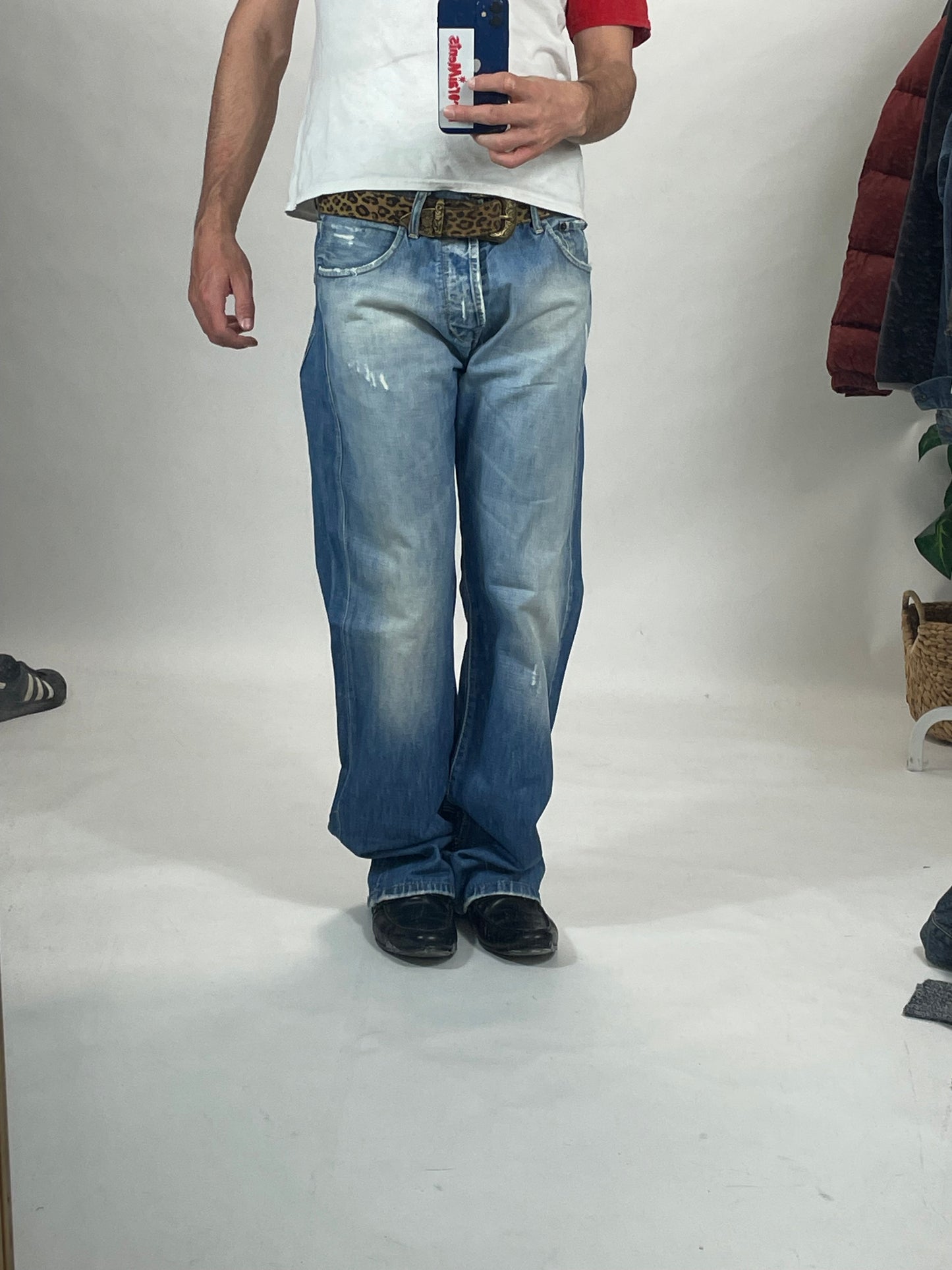 Vintage printed design straight blue denim pants - RETRORAIMENTS
