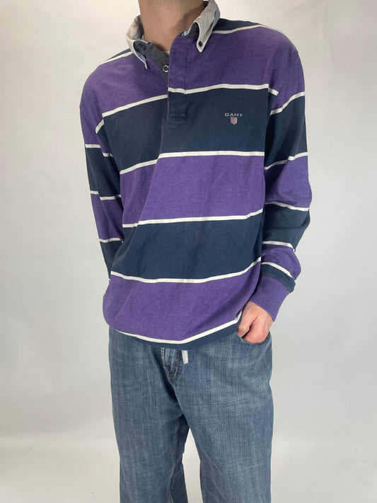 Purple and Navy Blue Gant Long Sleeve Polo