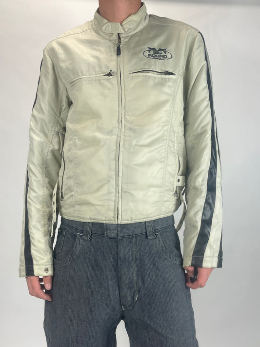 White Cream Fake Leather Motorbike Jacket Big Round