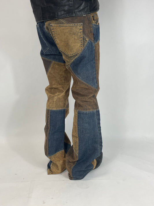 Freeman Porter Vintage Leather and Denim Flared Pants