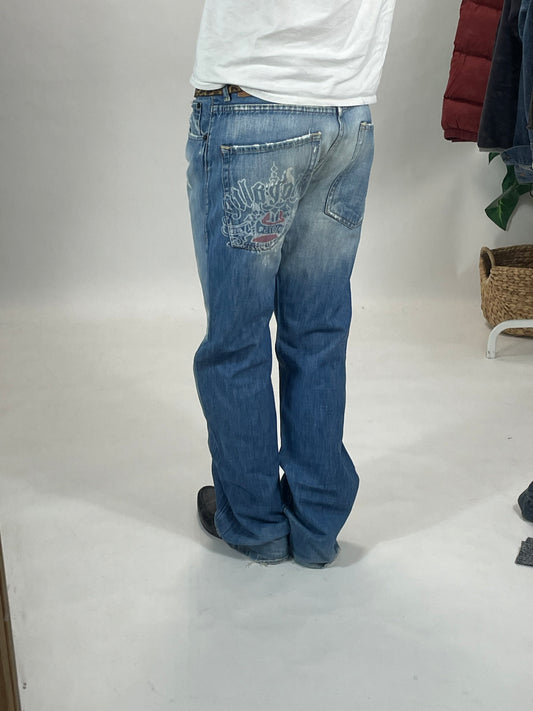Vintage printed design straight blue denim pants - RETRORAIMENTS